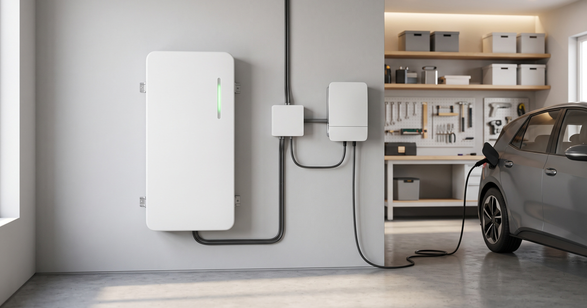 Thuisbatterij in een schuur waaraan de auto staat op te laden
